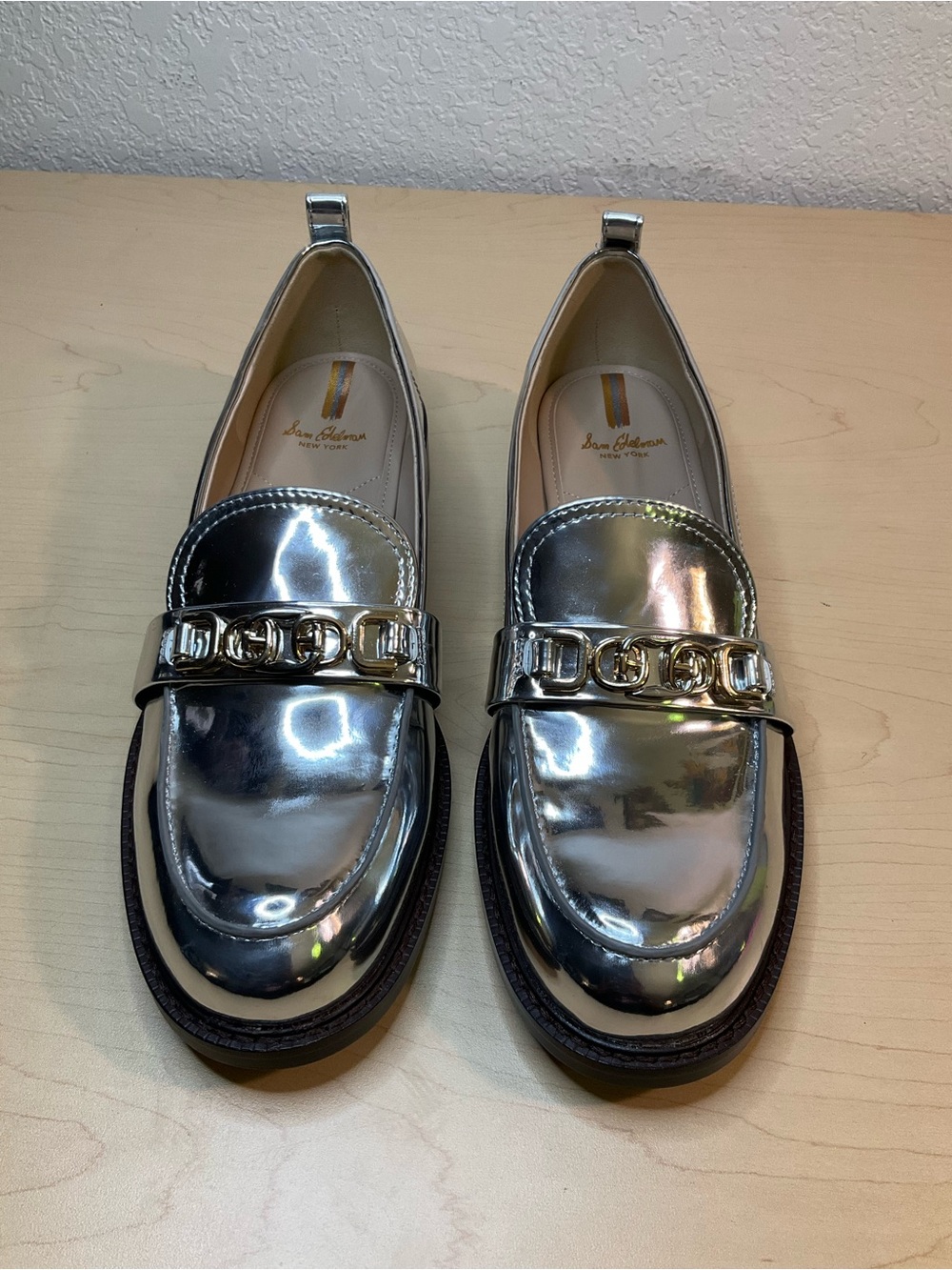 Sam Edelman Metallic Silver Chain-Trim Loafers - Picture 2 of 7